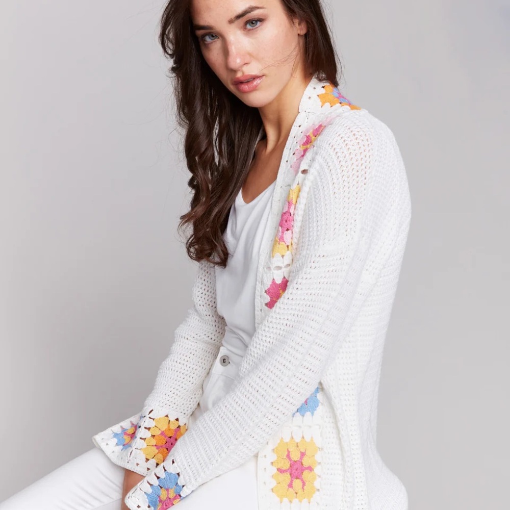 White Crochet Cardigan with Multicolor Accents